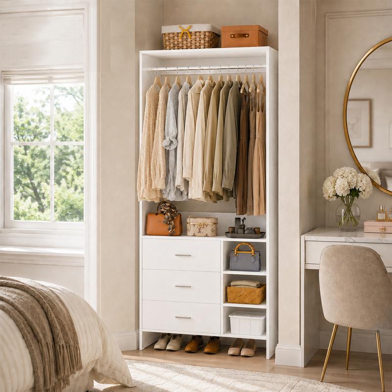 30''W Closet System with 3 Wooden Drawers and Hanging Rod