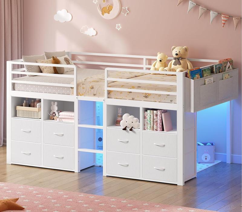 Twin Size Secure Metal Low Loft Storage Bed Frame with 8 Drawers