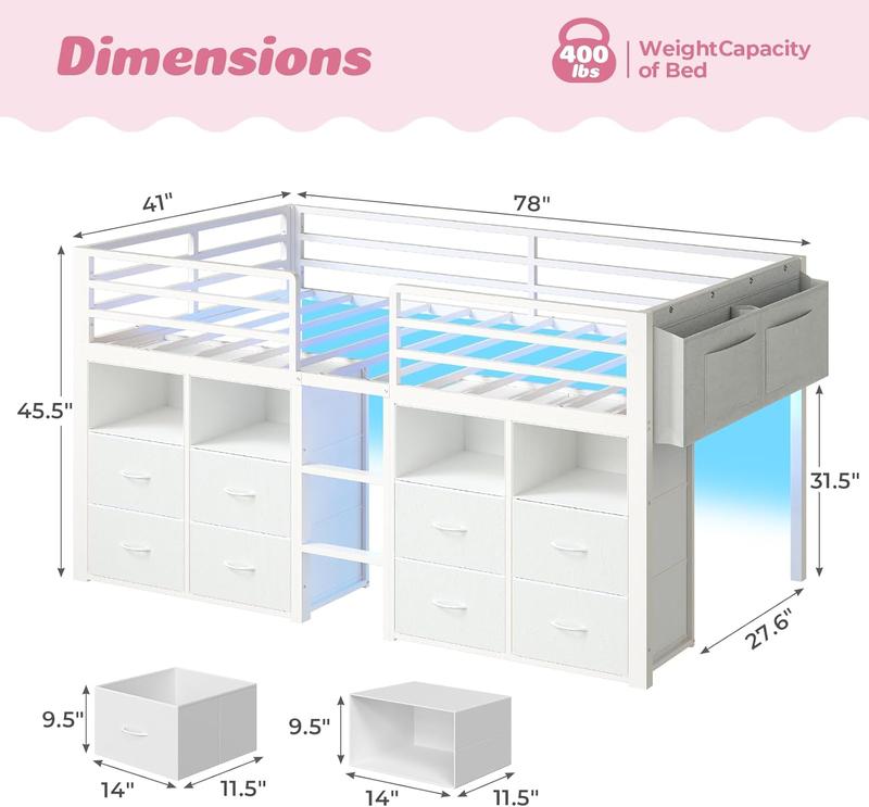 Twin Size Secure Metal Low Loft Storage Bed Frame with 8 Drawers