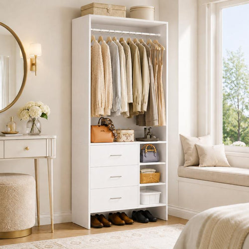30''W Closet System with 3 Wooden Drawers and Hanging Rod
