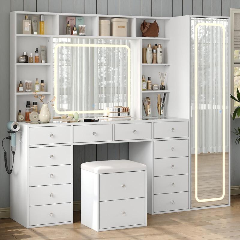 Luxury LED Makeup Vanity Desk with Mirror, Storage Cabinet & Power Station