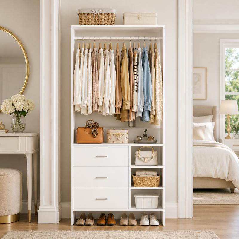 30''W Closet System with 3 Wooden Drawers and Hanging Rod