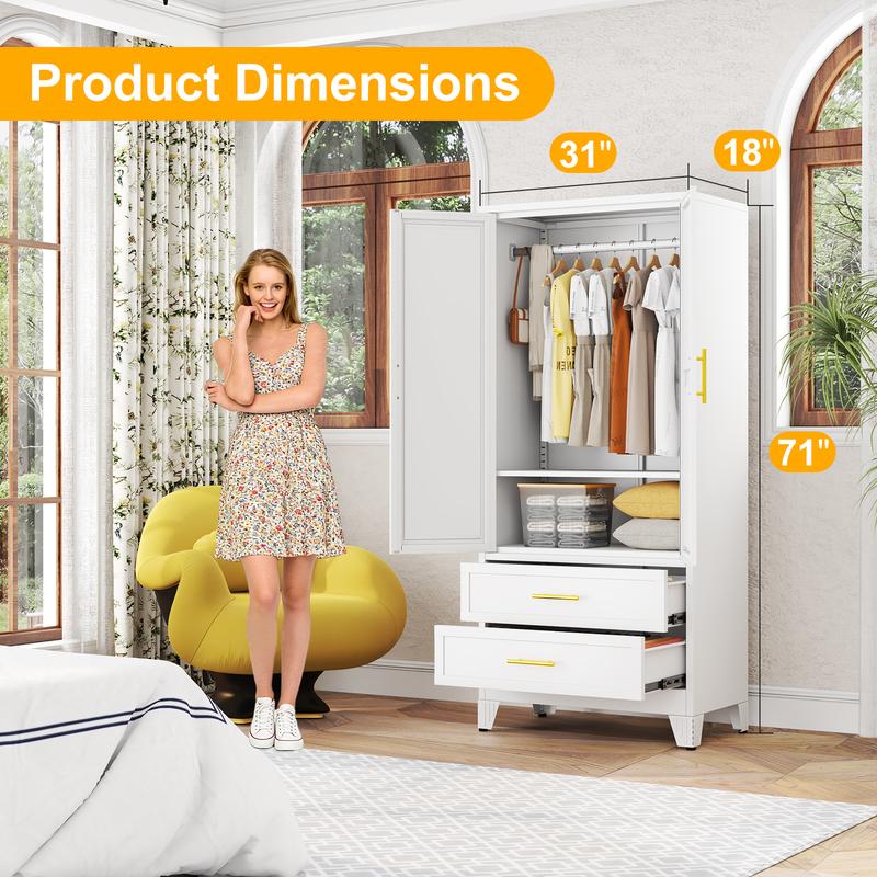 Metal Armoire Wardrobe Closet 71" Tall Bedroom Closet with Mirror