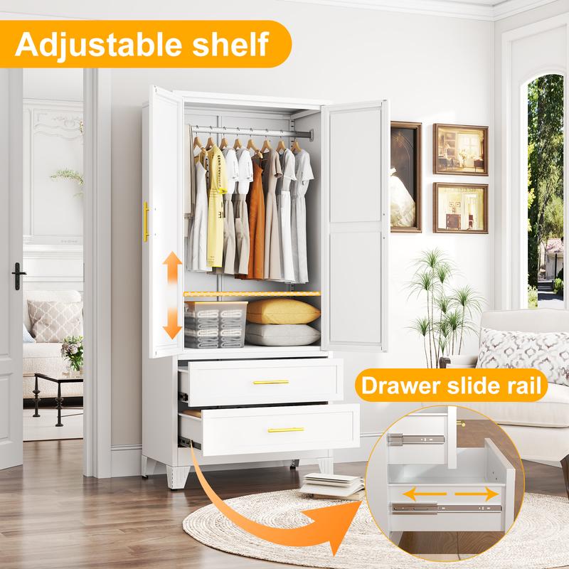 Metal Armoire Wardrobe Closet 71" Tall Bedroom Closet with Mirror