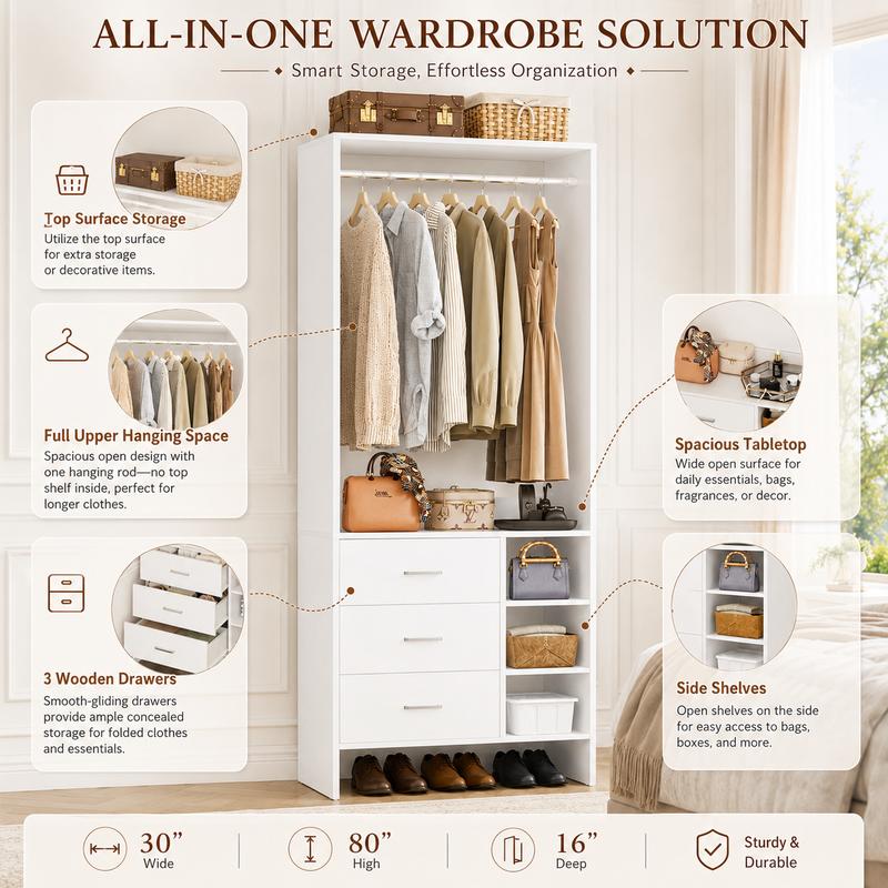 30''W Closet System with 3 Wooden Drawers and Hanging Rod