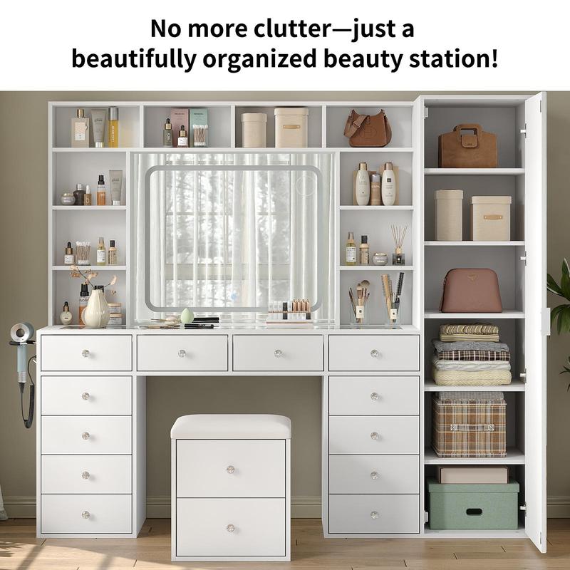 Luxury LED Makeup Vanity Desk with Mirror, Storage Cabinet & Power Station