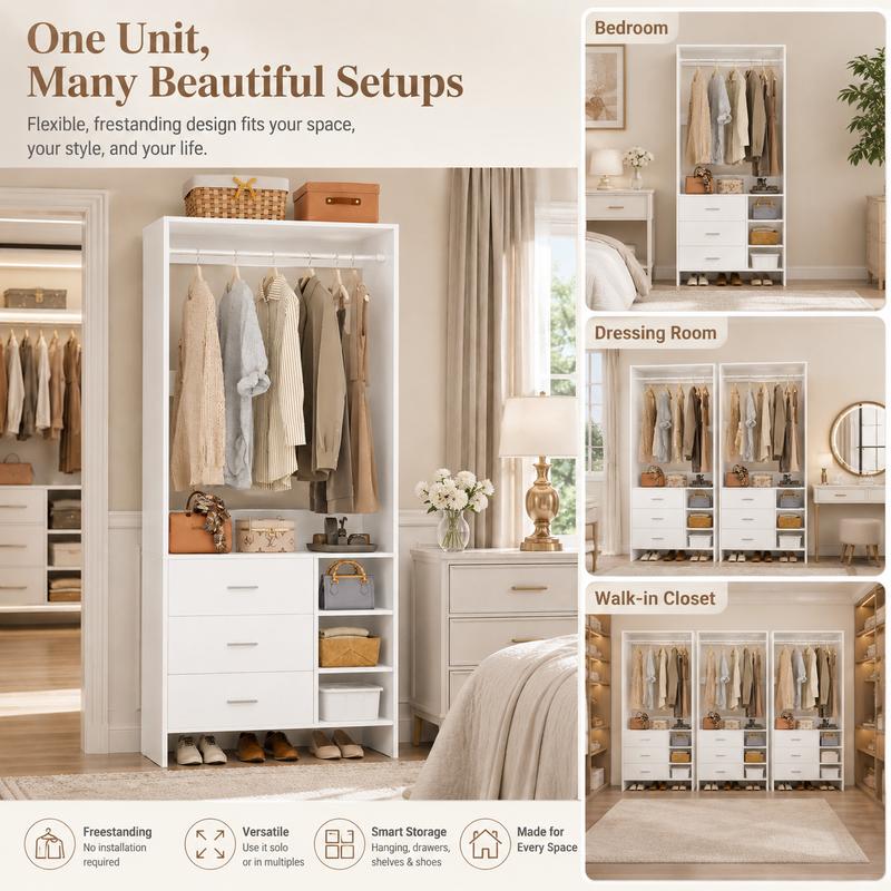 30''W Closet System with 3 Wooden Drawers and Hanging Rod