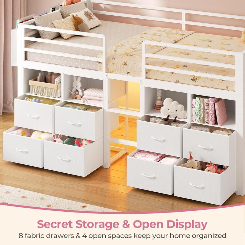 Twin Size Secure Metal Low Loft Storage Bed Frame with 8 Drawers