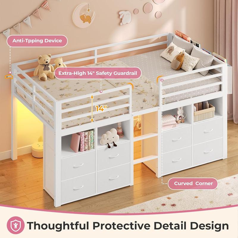 Twin Size Secure Metal Low Loft Storage Bed Frame with 8 Drawers