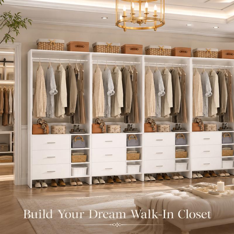 30''W Closet System with 3 Wooden Drawers and Hanging Rod