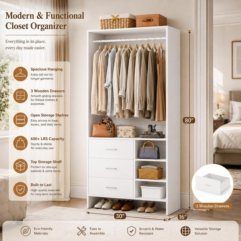 30''W Closet System with 3 Wooden Drawers and Hanging Rod