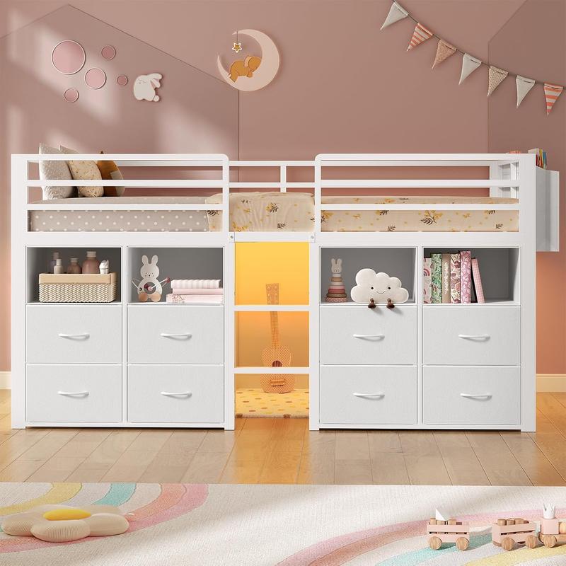 Twin Size Secure Metal Low Loft Storage Bed Frame with 8 Drawers