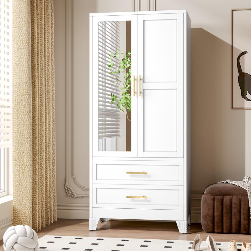 Metal Armoire Wardrobe Closet 71" Tall Bedroom Closet with Mirror