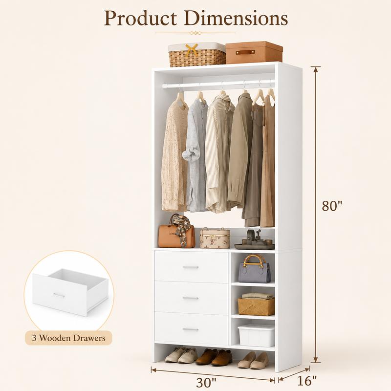 30''W Closet System with 3 Wooden Drawers and Hanging Rod
