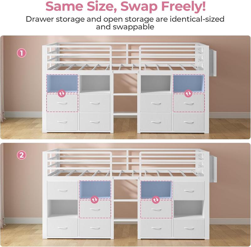 Twin Size Secure Metal Low Loft Storage Bed Frame with 8 Drawers