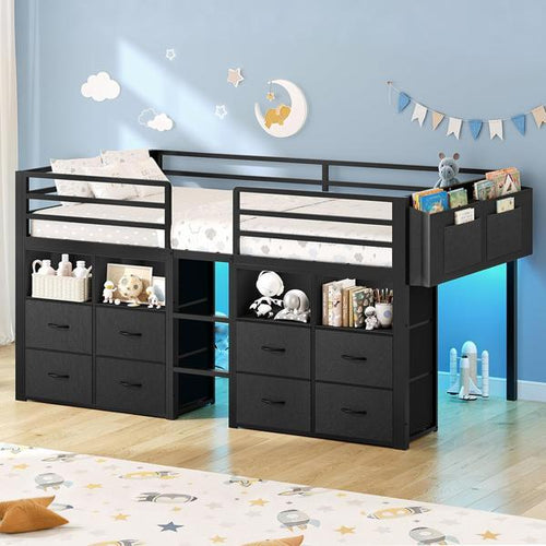 Twin Size Secure Metal Low Loft Storage Bed Frame with 8 Drawers