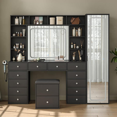 Luxury LED Makeup Vanity Desk with Mirror, Storage Cabinet & Power Station